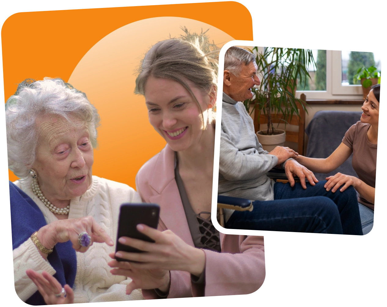 Young woman helping elderly woman with smartphone; caregiver chatting with senior man indoors.