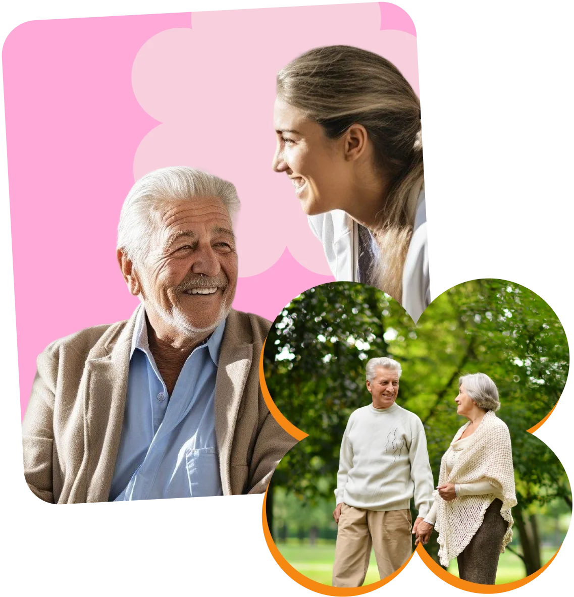 Senior man smiling with caregiver; elderly couple walking in park, enjoying nature.
