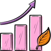 Pink bar graph with rising arrow and leaf, symbolizing growth and sustainability.