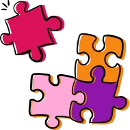 Colorful puzzle pieces in pink, orange, and purple interlocking, symbolizing creativity and problem-solving.