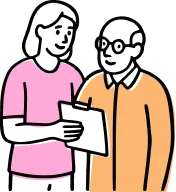 Illustration of two people discussing work, one holding a tablet, wearing pink and orange shirts.