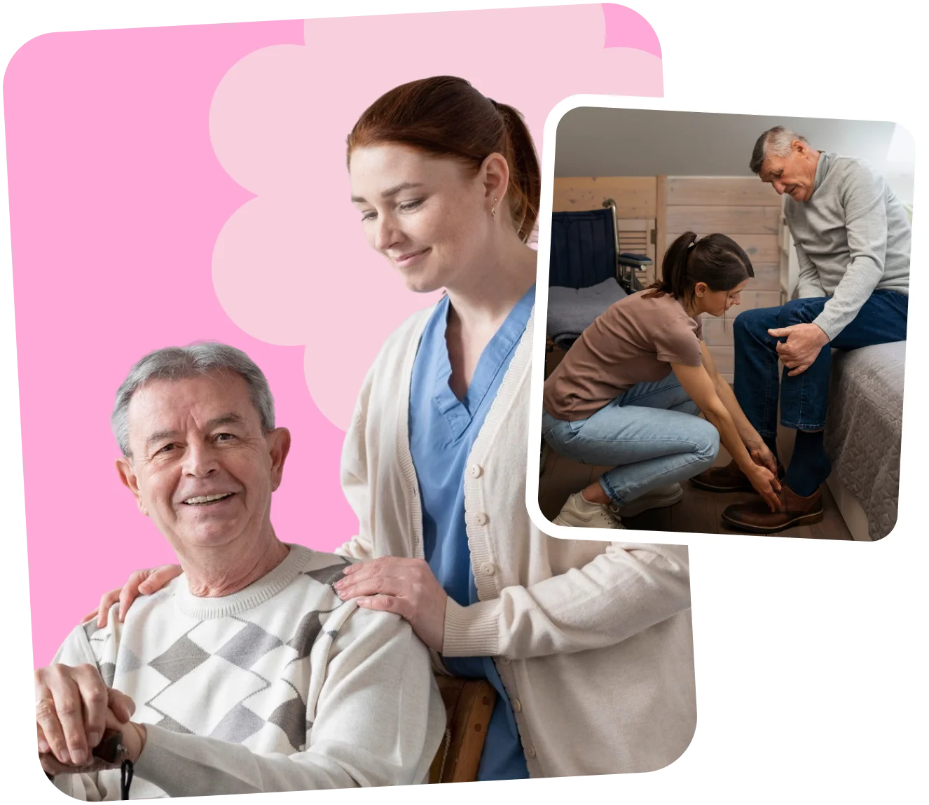 Caring nurse assisting elderly man with daily activities in a bright, supportive environment.