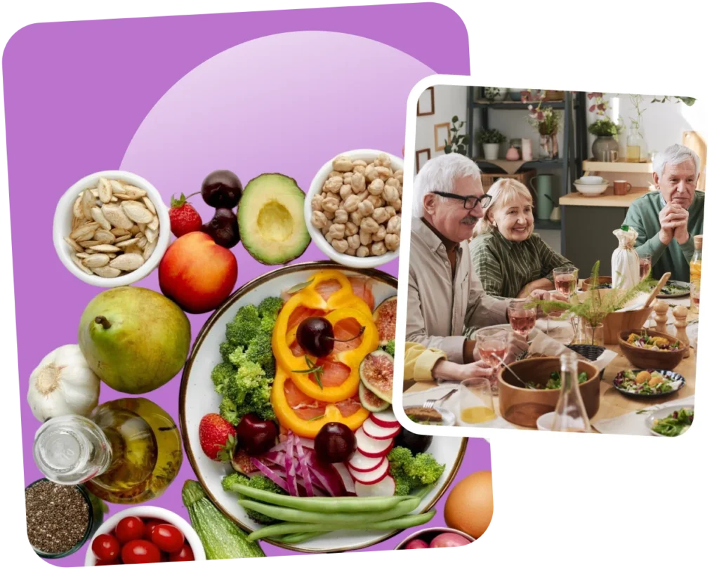 Healthy food collage with fruits, vegetables, and senior friends dining, highlighting nutritious eating and socializing.
