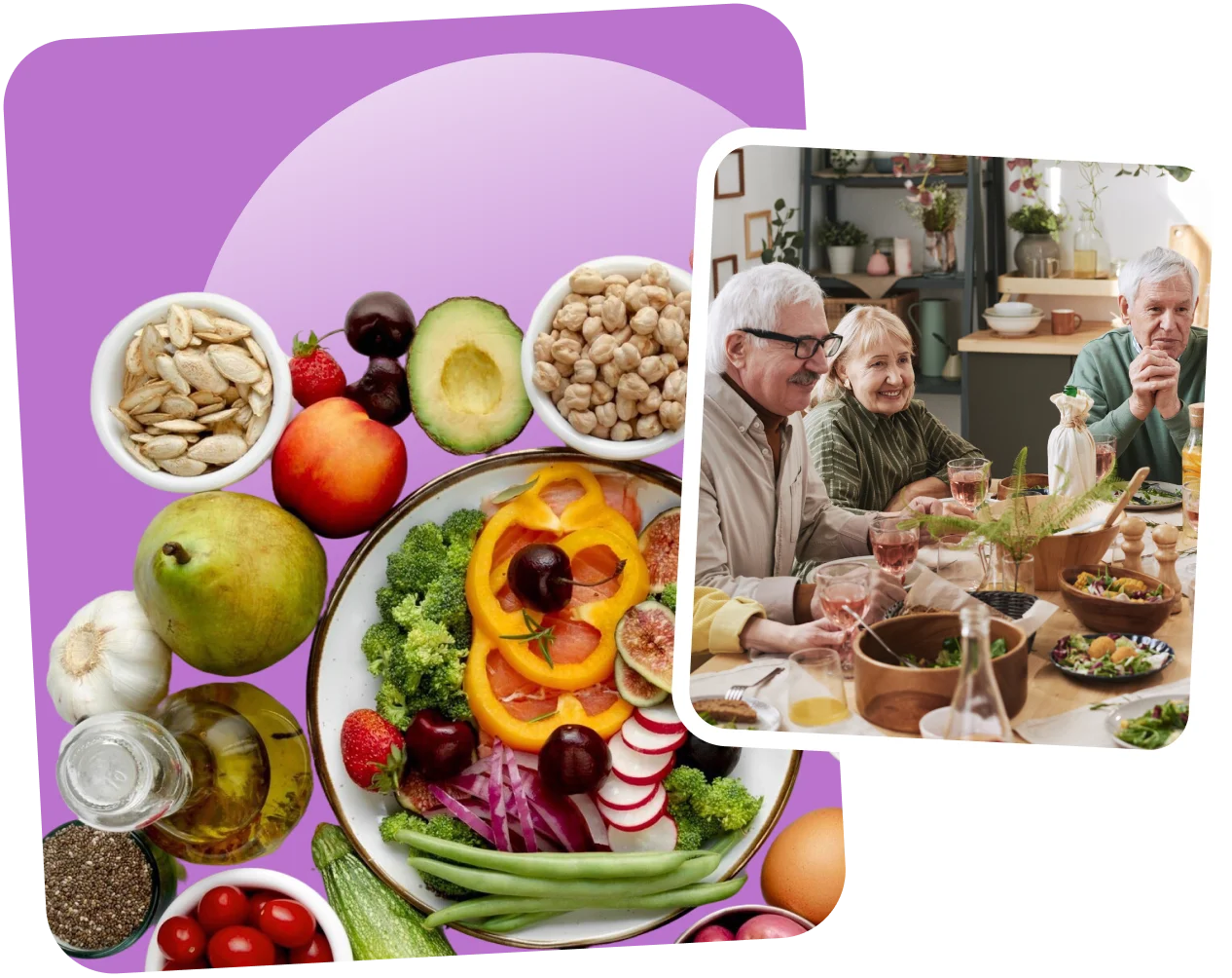 Healthy food collage with fruits, vegetables, and senior friends dining, highlighting nutritious eating and socializing.