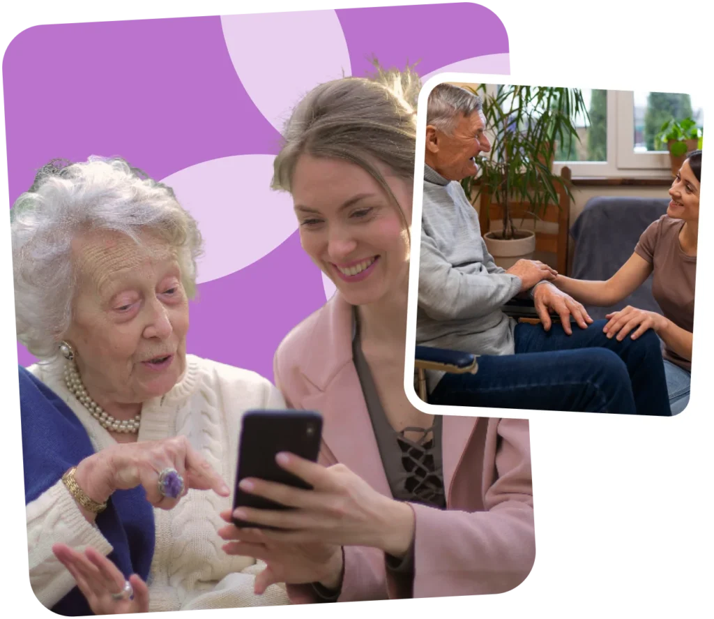 Young caregiver bonding with seniors, sharing moments on a smartphone and chatting in a cozy room, joyful interactions.