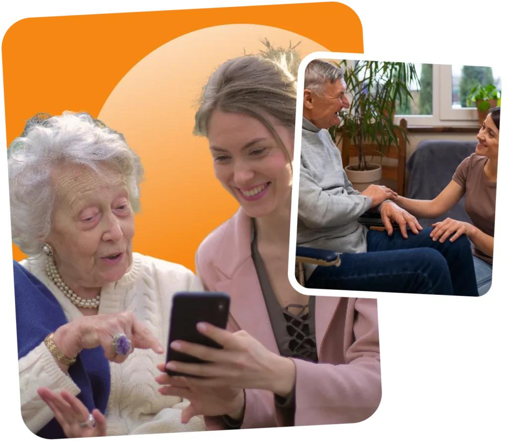 Senior care interaction: Woman assisting elderly lady with smartphone; caregiver comforting elderly man in wheelchair.