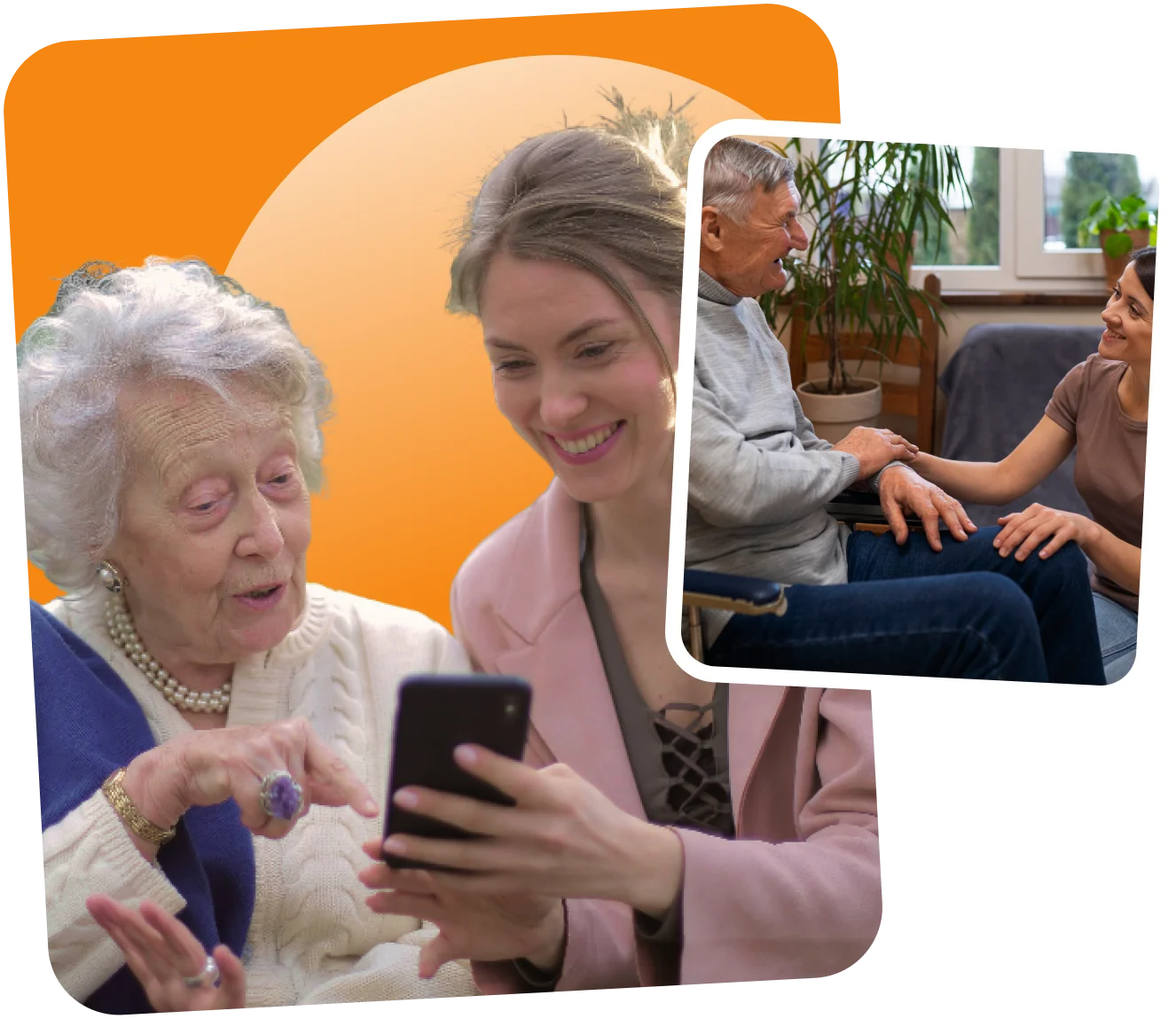 Senior care interaction: Woman assisting elderly lady with smartphone; caregiver comforting elderly man in wheelchair.