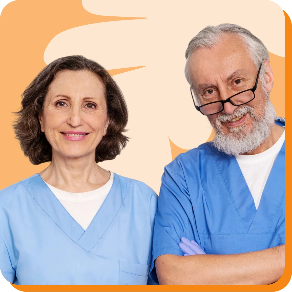 Smiling medical professionals in scrubs against an orange background, symbolizing healthcare teamwork.